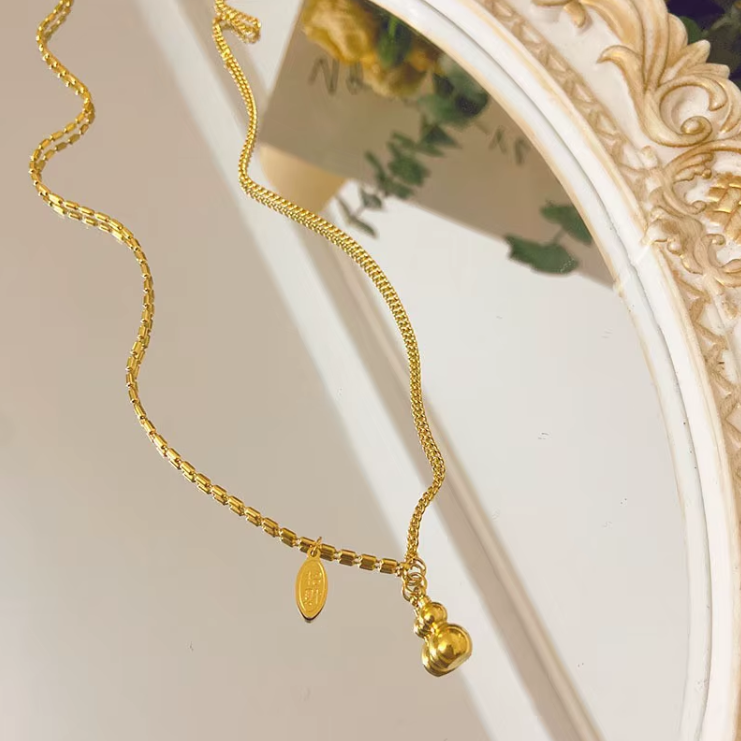 TEULRIP Gold Plated Titanium Steel Lucky Gourd Pendant Necklace for Women