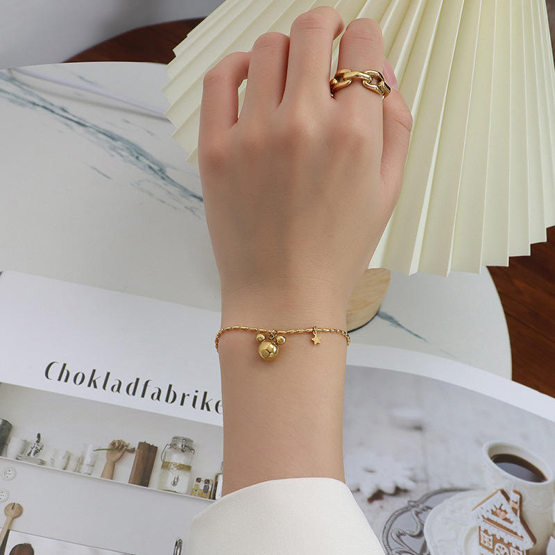 TEULRIP Anti Tarnish Gold Plated Titanium Steel Cartoon Mickey Star Pendant Bracelet for Women & Girls