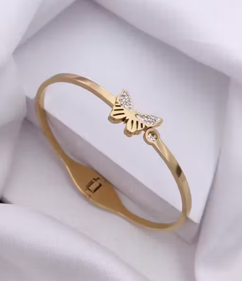 TEULRIP Gold Plated Stainless Steel Diamond Stud Butterfly Bracelet for Women