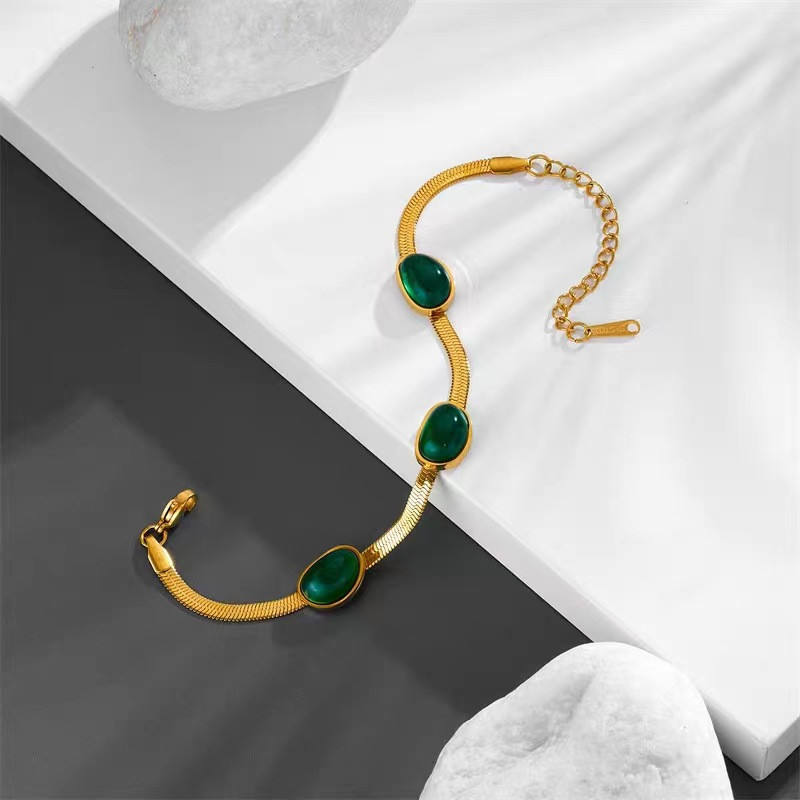 TEULRIP Gold Plated Stainless Steel Flat Chain Green Emerald Bracelet for Women