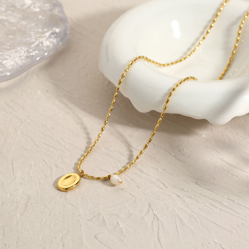 TEULRIP Gold Plated Stainless Steel Pearl Oval Pendant Necklace for Women