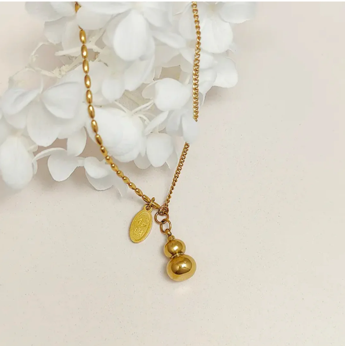 TEULRIP Gold Plated Titanium Steel Lucky Gourd Pendant Necklace for Women