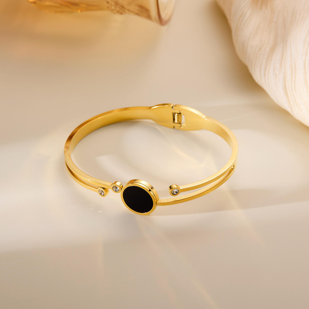 TEULRIP Gold Plated Stainless Steel Black Sparkling Bangle Bracelet for Women