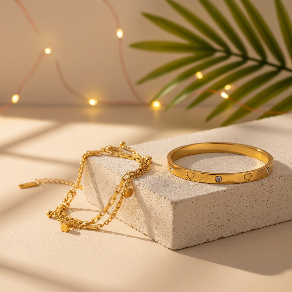 TEULRIP Bracelet Combo for Her – Gold Plated Double Layer Cuban Chain & Zircon Heart Stainless Steel Bracelets