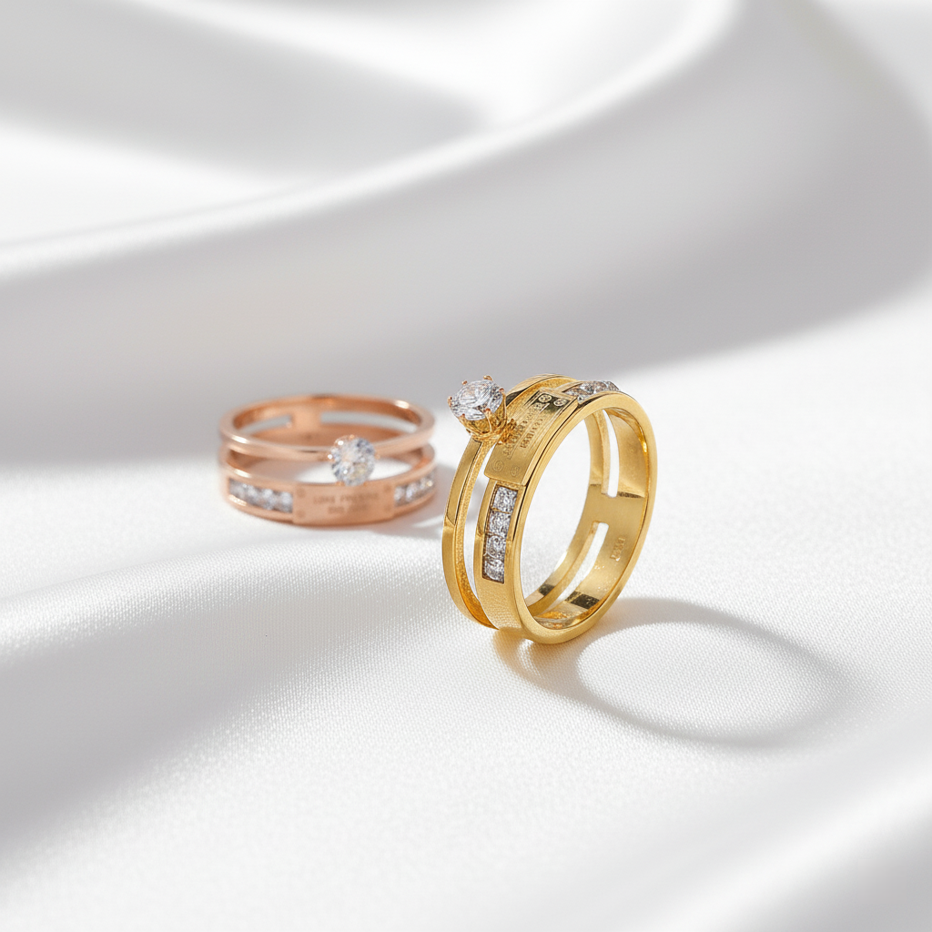 TEULRIP Gold & Rose Gold Stainless Steel Layered Zircon Ring for Women