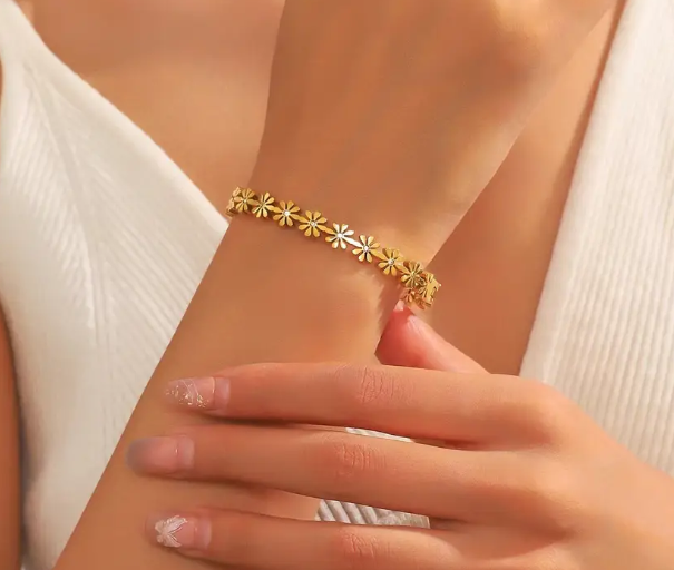 TEULRIP Gold Plated Stainless Steel Floral Bangle Bracelet