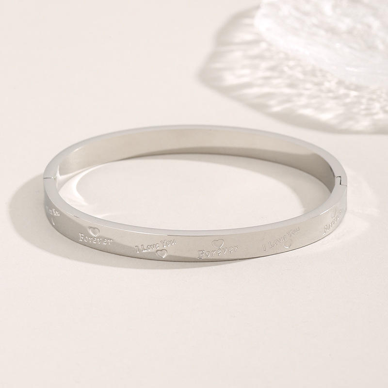 TEULRIP Stainless Steel "I Love You Forever" Designer Silver Bracelet Bangle for Women