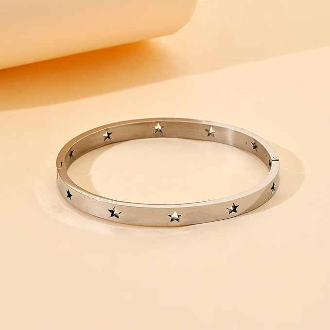 TEULRIP  Stainless Steel Hollow Star Silver Bracelet Bangle for Women