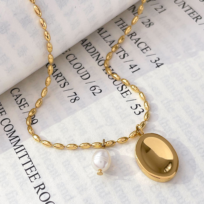 TEULRIP Gold Plated Stainless Steel Pearl Oval Pendant Necklace for Women