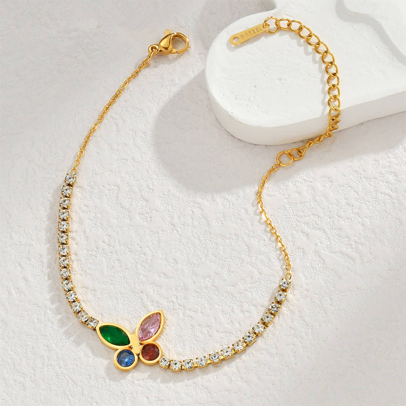 TEULRIP Stainless Steel Colorful Zircon Butterfly Charm Tennis Bracelet for Women