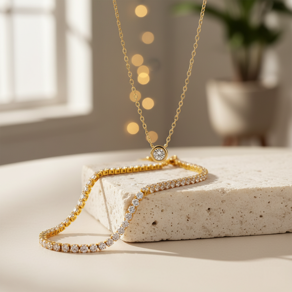 TEULRIP Combo Set for Her – Gold Plated Fine Diamond Tennis Bracelet & Minimal Zircon Pendant Stainless Steel Necklace