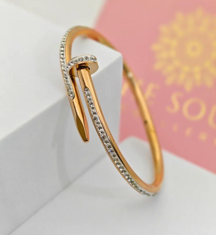 TEULRIP Gold Plated Stainless Steel Nail Dimond Cuff Bracelet for Women