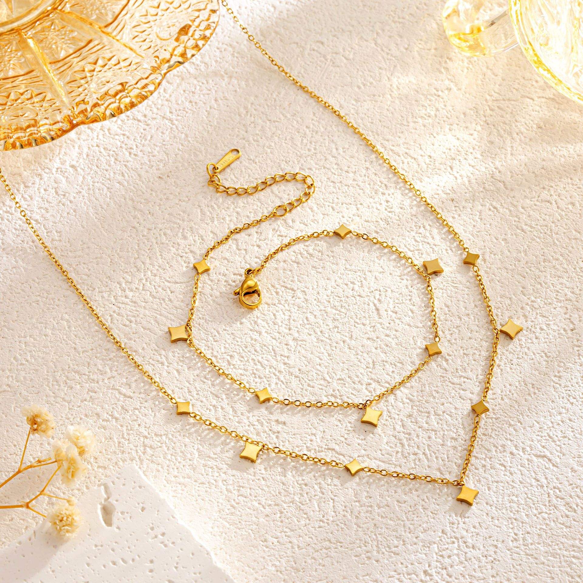 TEULRIP Anti Tarnish Combo for Her - Gold Plated Delicate Star Charm Stainless Steel Necklace & Bracelet