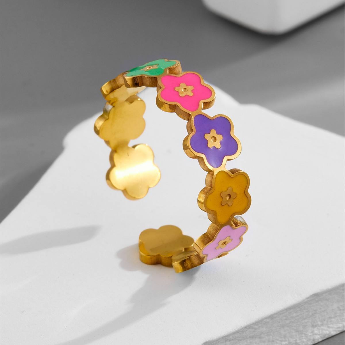 TEULRIP Stainless Steel Colorful Flower Adjustable Ring for Women