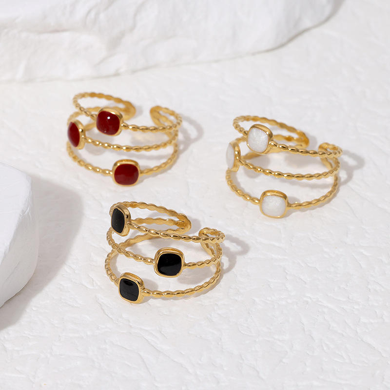 TEULRIP Gold Plated Stainless Steel Three-Layered Strip Ring - Black, Red & White 
