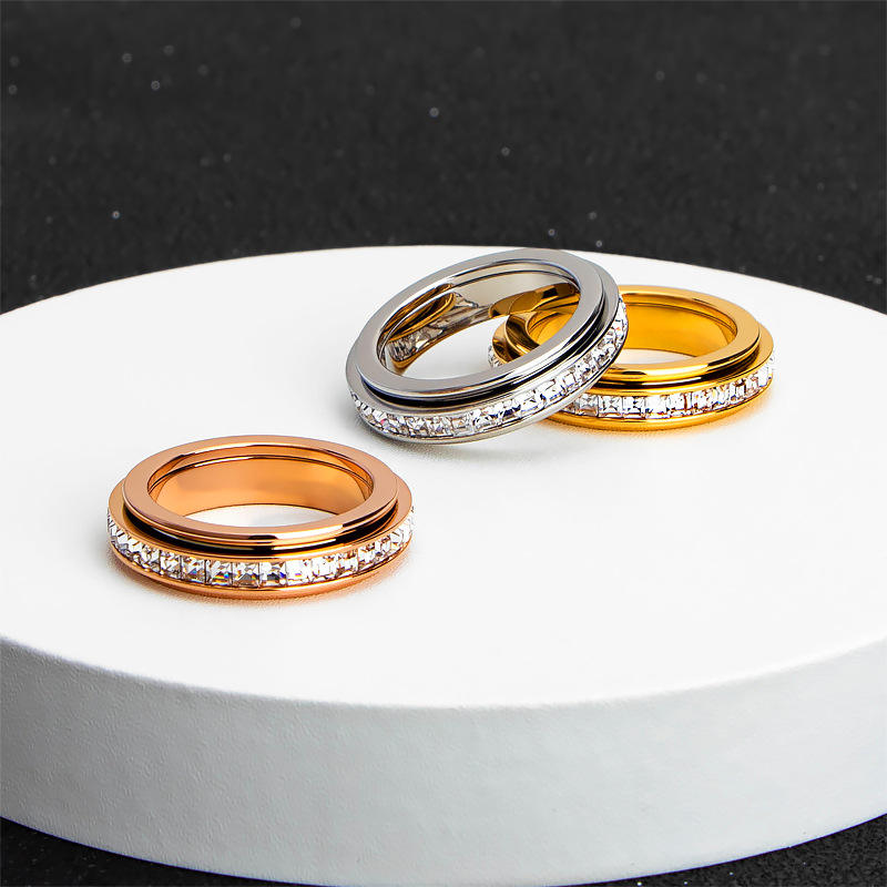 TEULRIP Anti Tarnish Gold, Silver & Rose Gold Rotating Spinning Zircon Titanium Steel Ring