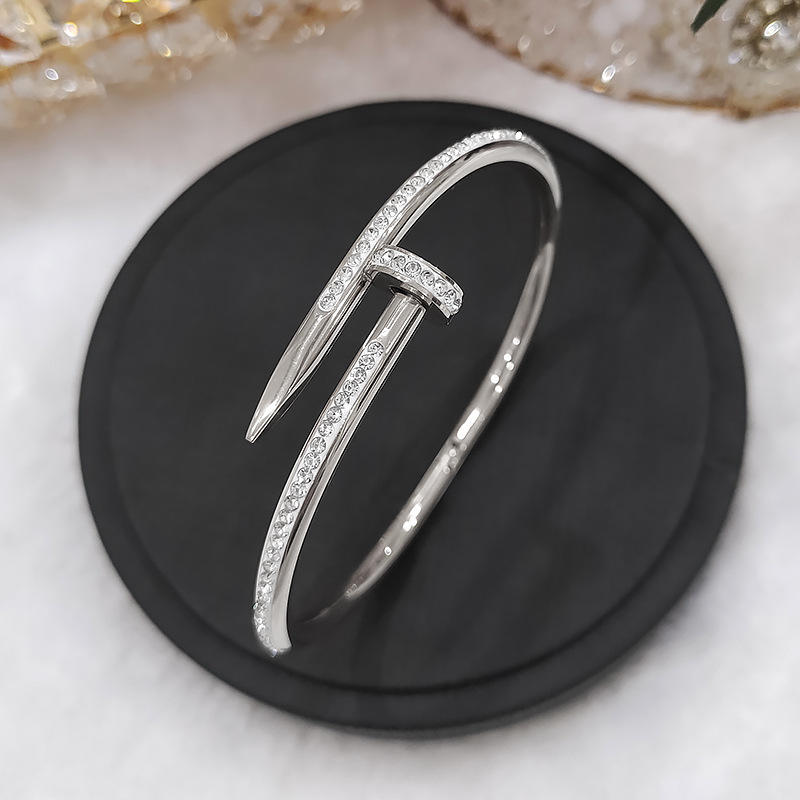 TEULRIP Stainless Steel Nail Diamond Silver Cuff Bracelet for Women