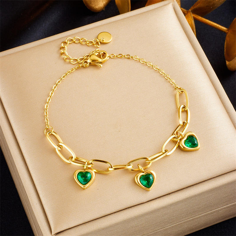 TEULRIP Gold Plated Stainless Steel Green Zircon Heart Charm Bracelet