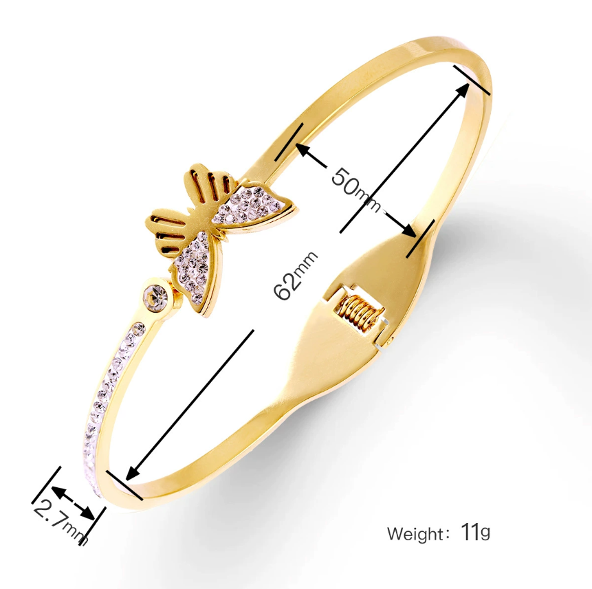TEULRIP Gold Plated Stainless Steel Diamond Stud Butterfly Bracelet for Women