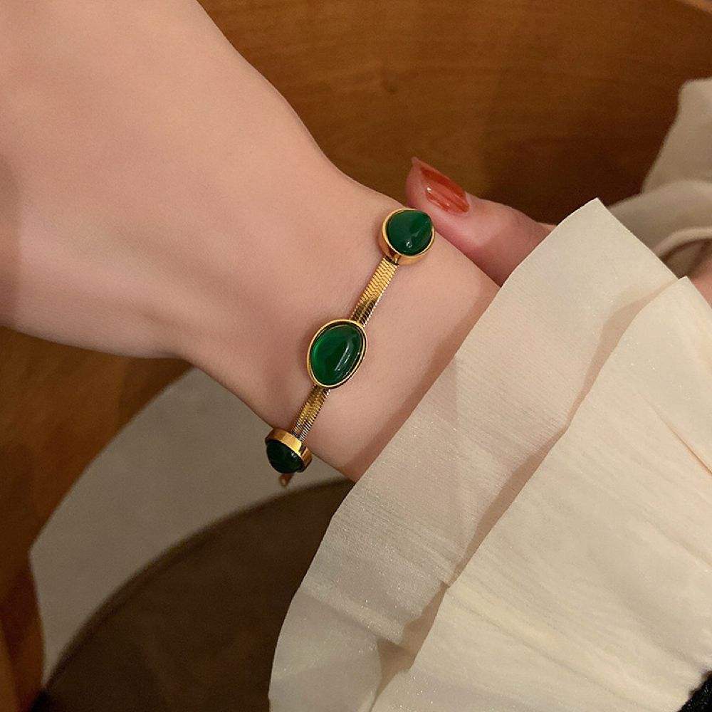 TEULRIP Gold Plated Stainless Steel Flat Chain Green Emerald Bracelet for Women