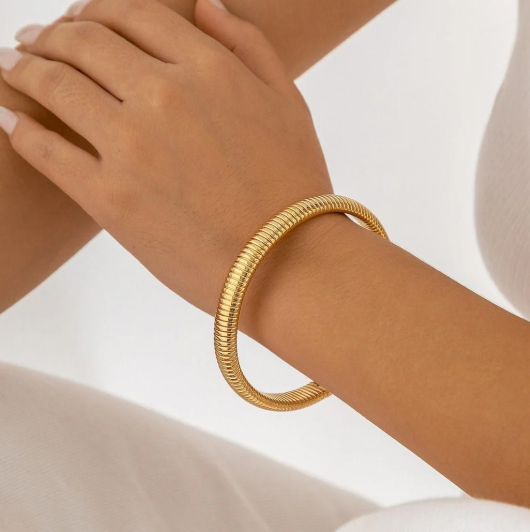 TEULRIP Gold Plated Stainless Steel Elastic Stripe Bracelet
