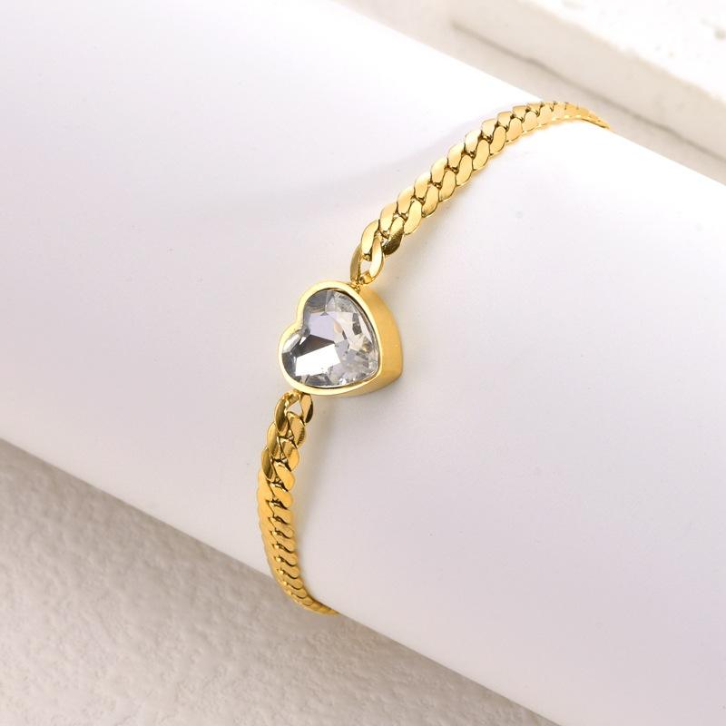 TEULRIP Anti Tarnish Gold Plated Stainless Steel Zircon Heart Cuban Chain Bracelet for Women