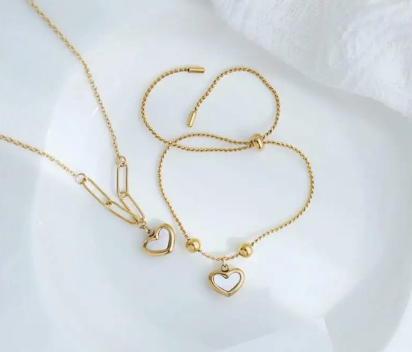 TEULRIP Anti-Tarnish Jewelry Set for Her – Gold Plated Necklace, Opal Heart Stud Earrings & Heart Charm Bracelet