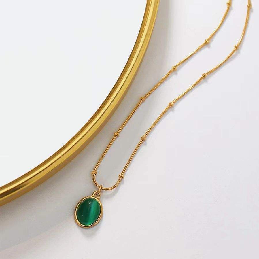 TEULRIP Gold Plated Green Oval Stone Stainless Steel Chain Necklace for Women