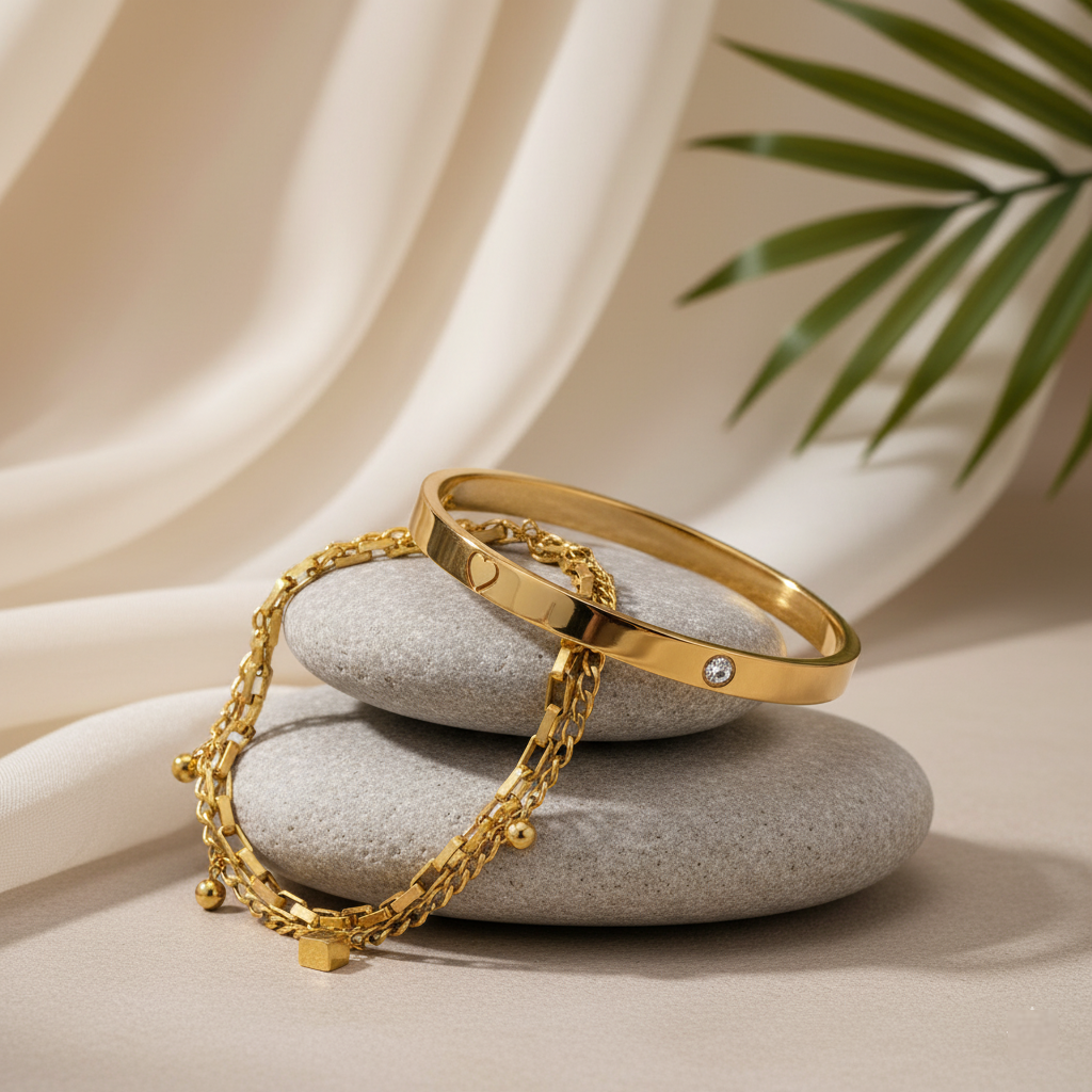 TEULRIP Bracelet Combo for Her – Gold Plated Double Layer Cuban Chain & Zircon Heart Stainless Steel Bracelets