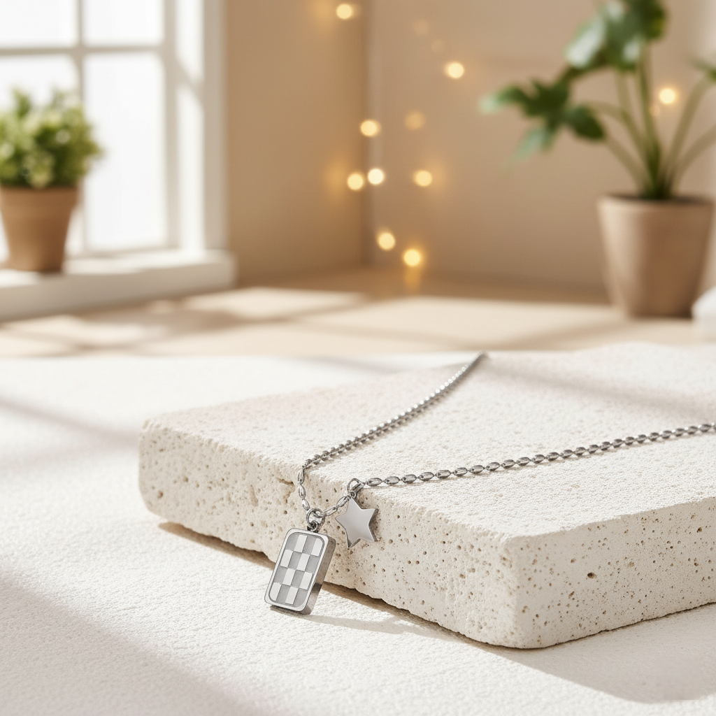 TEULRIP  Silver Stainless Steel Square Card Checkerboard Pendant Necklace for Women