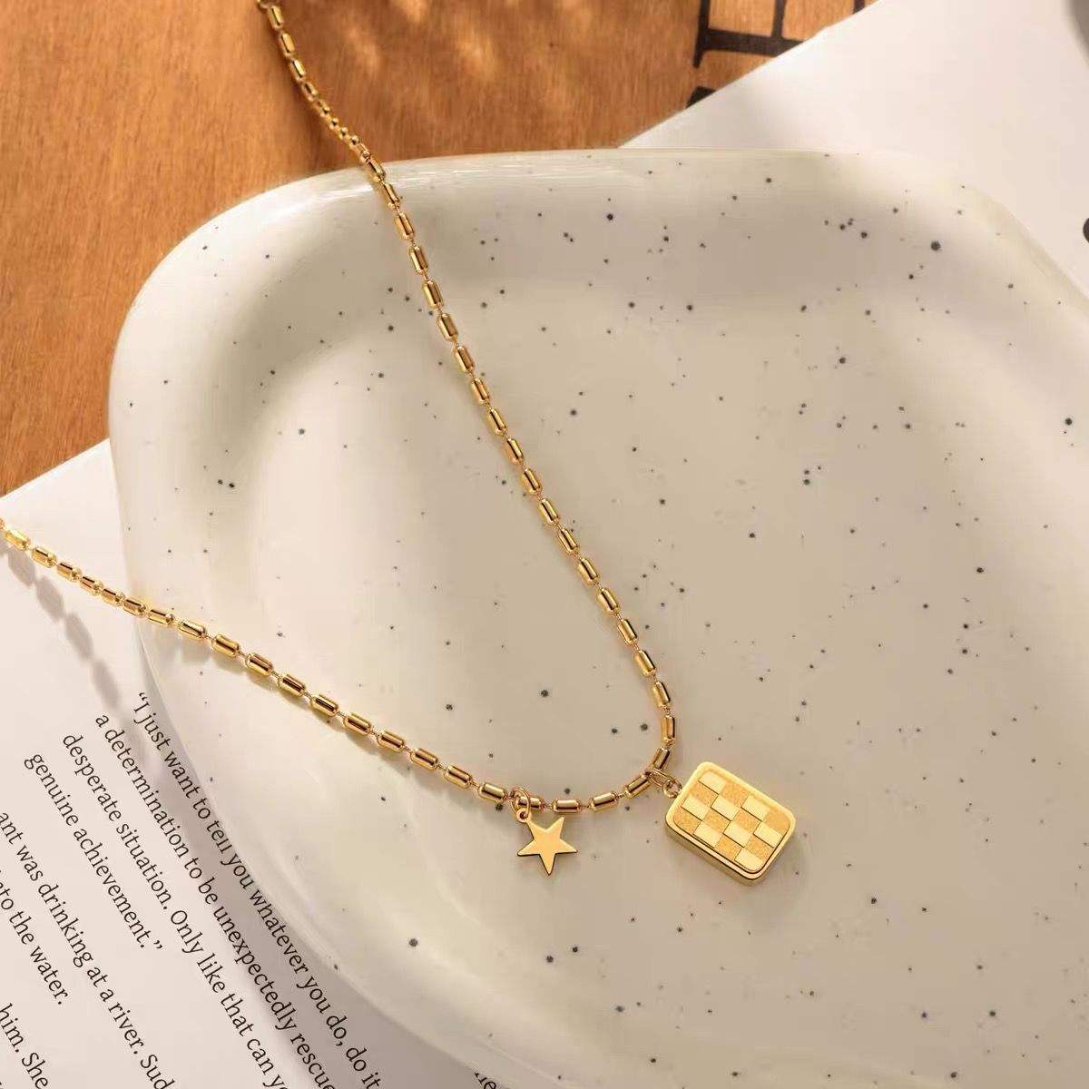 TEULRIP Gold Plated Stainless Steel Square Checkerboard Pendant Necklace for Women