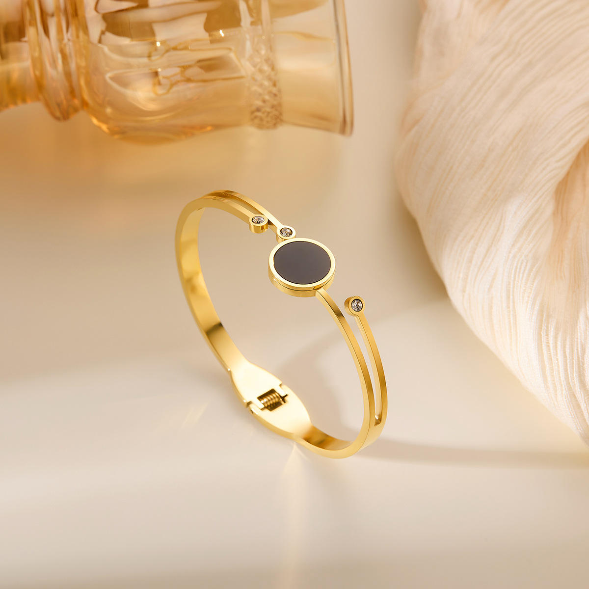 TEULRIP Gold Plated Stainless Steel Black Sparkling Bangle Bracelet for Women