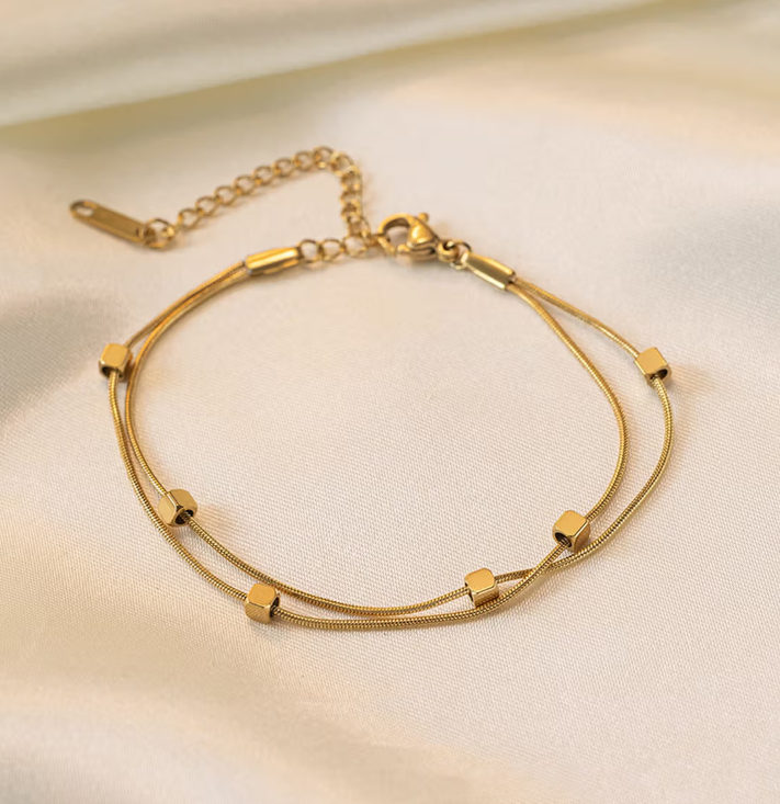 TEULRIP Anti Tarnish Gold Plated Stainless Steel Mini Square Charm Double Layer Bracelet for Women