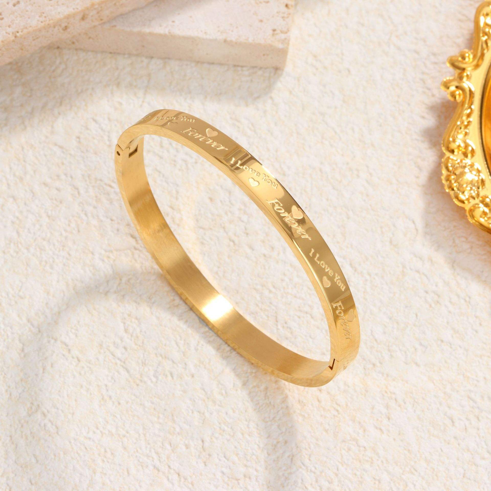 TEULRIP Gold Plated Stainless Steel "I Love You Forever" Designer Bracelet Bangle for Women