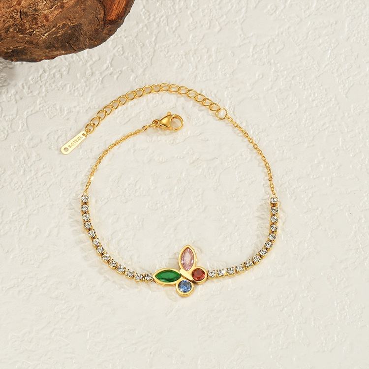TEULRIP Stainless Steel Colorful Zircon Butterfly Charm Tennis Bracelet for Women