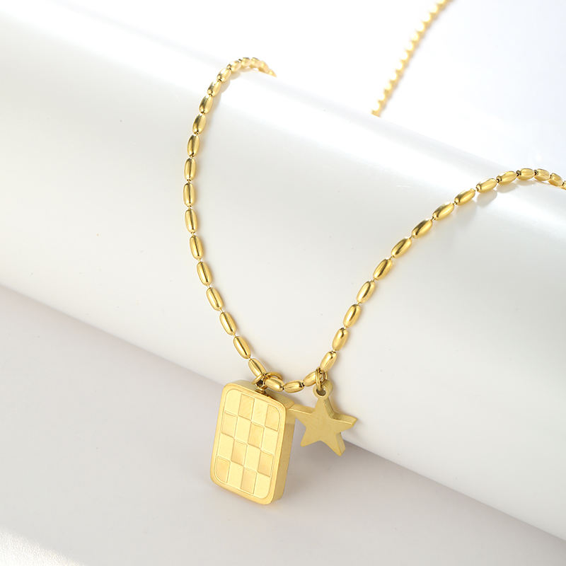 TEULRIP Gold Plated Stainless Steel Square Checkerboard Pendant Necklace for Women