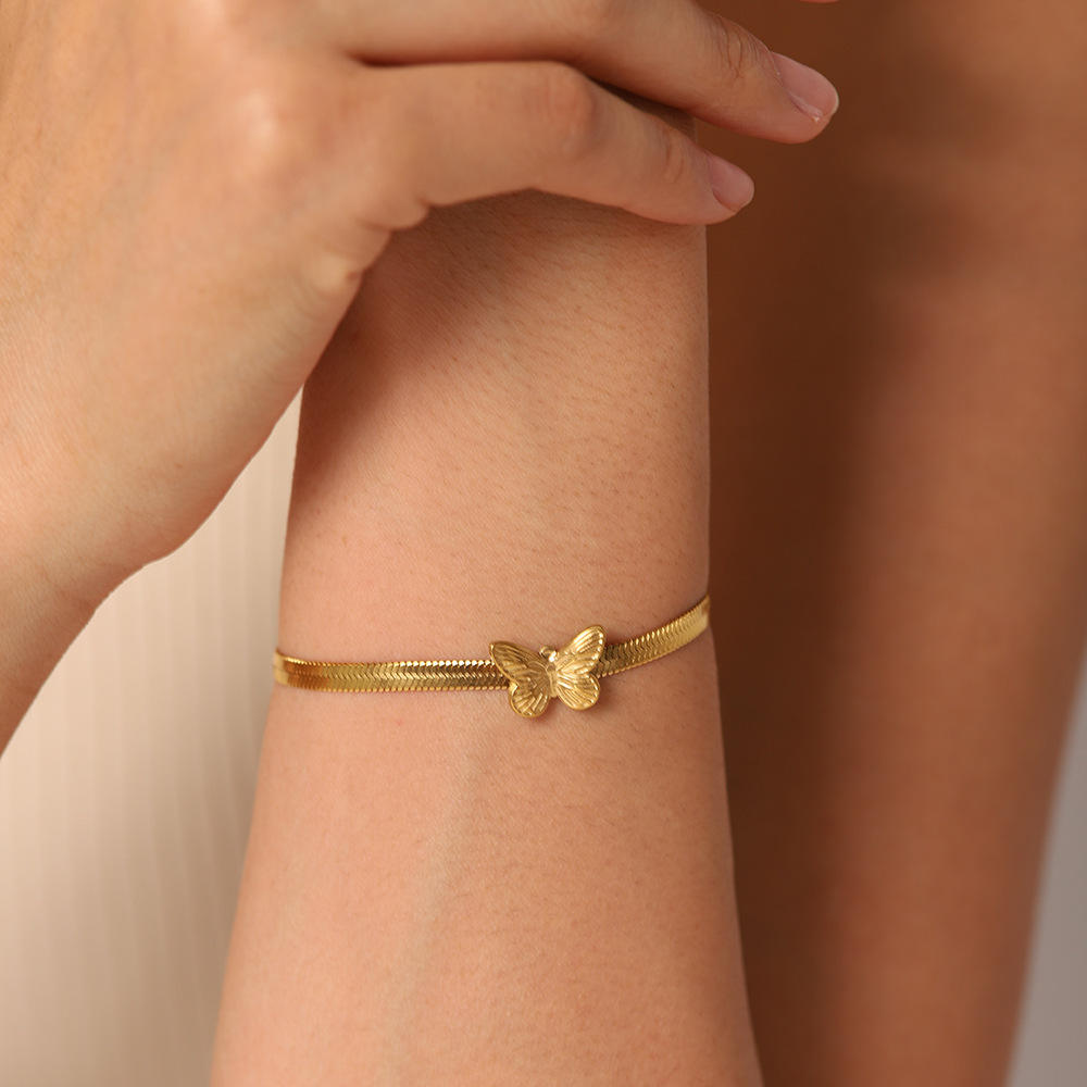 TEULRIP Gold Plated Stainless Steel Flat Snake Chain Butterfly Charm Bracelet