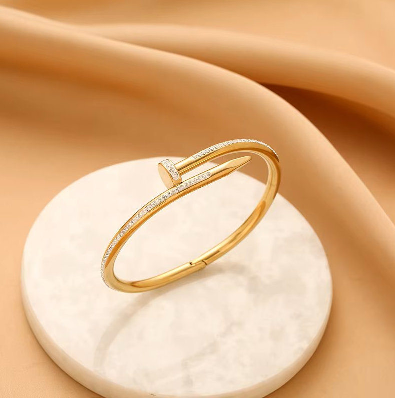 TEULRIP Gold Plated Stainless Steel Nail Dimond Cuff Bracelet for Women