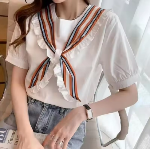 Women's White Blouse with Ribbon Detail