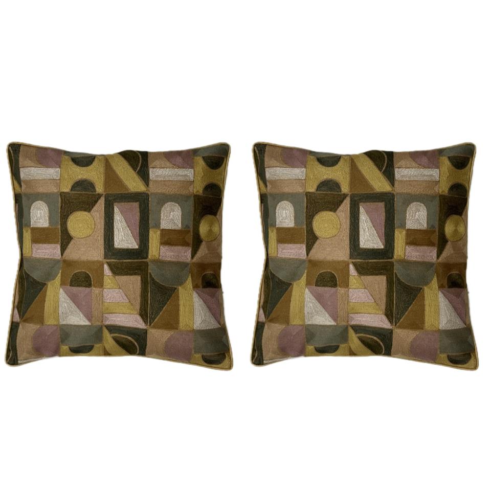 Brown & Gold Embroidered Cushion Covers, Tafta Silk (16"x16")