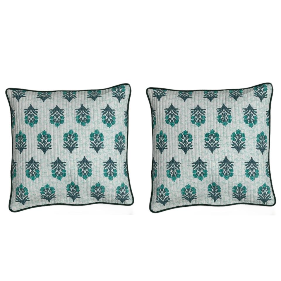 Cushion Covers- Green Floral Motifs, 200TC Cotton (16"x16")