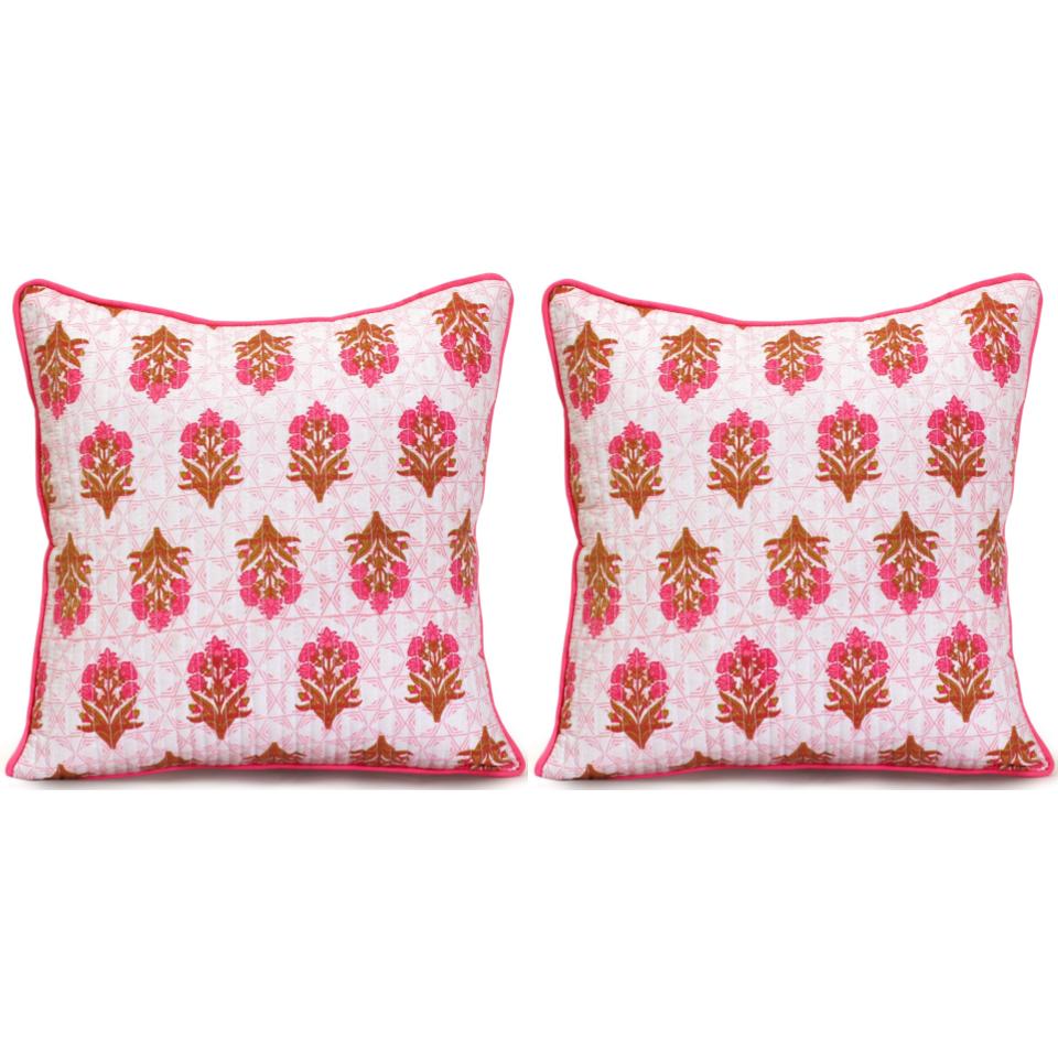 Pink Floral Motif Cushion Covers, 200TC Cotton (16"x16")