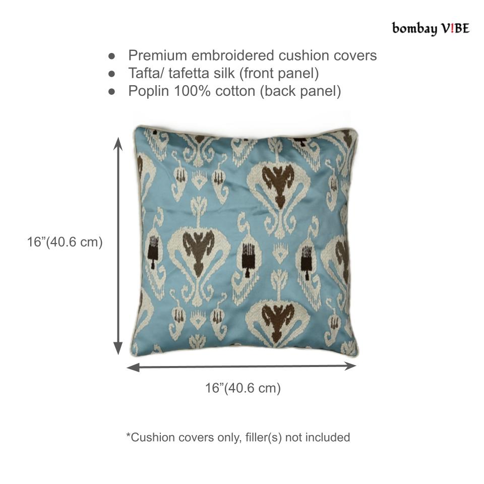 Blue & Ivory Embroidered Cushion Covers, Tafta Silk (16"x16")