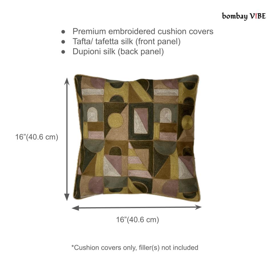 Brown & Gold Embroidered Cushion Covers, Tafta Silk (16"x16")