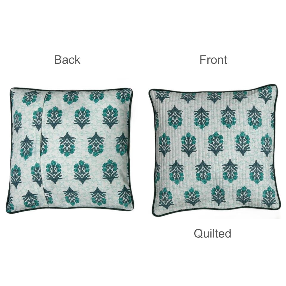 Cushion Covers- Green Floral Motifs, 200TC Cotton (16"x16")