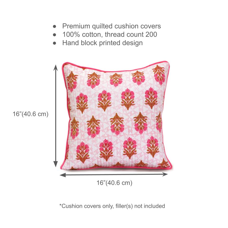 Pink Floral Motif Cushion Covers, 200TC Cotton (16"x16")