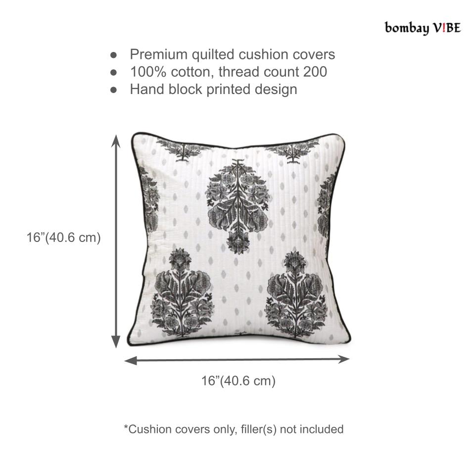 Black Floral Motif Cushion Covers, 200TC Cotton (16"x16")