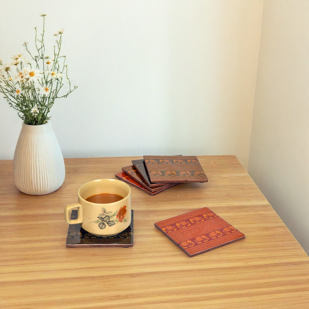 Elephant Motif Wooden Coasters (4"x4")