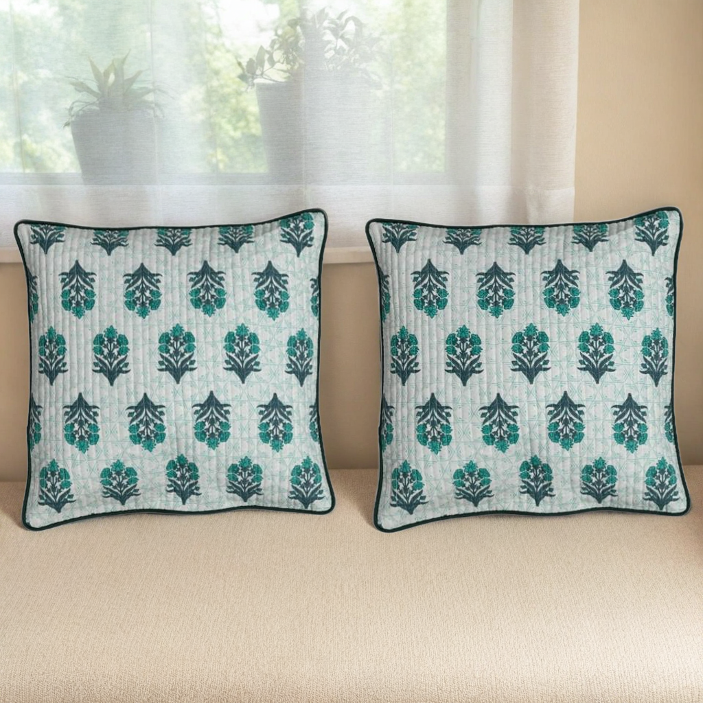 Cushion Covers- Green Floral Motifs, 200TC Cotton (16"x16")