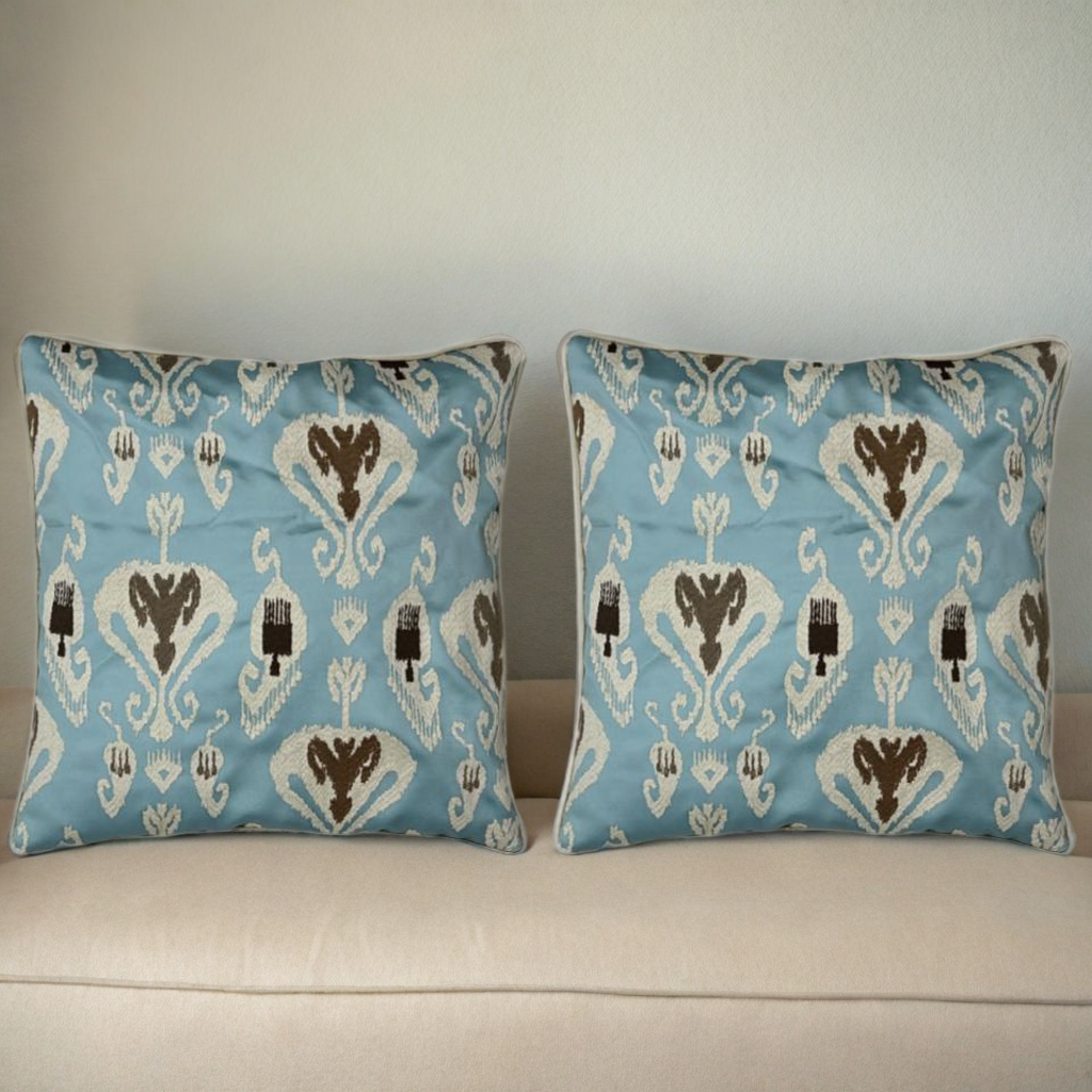 Blue & Ivory Embroidered Cushion Covers, Tafta Silk (16"x16")